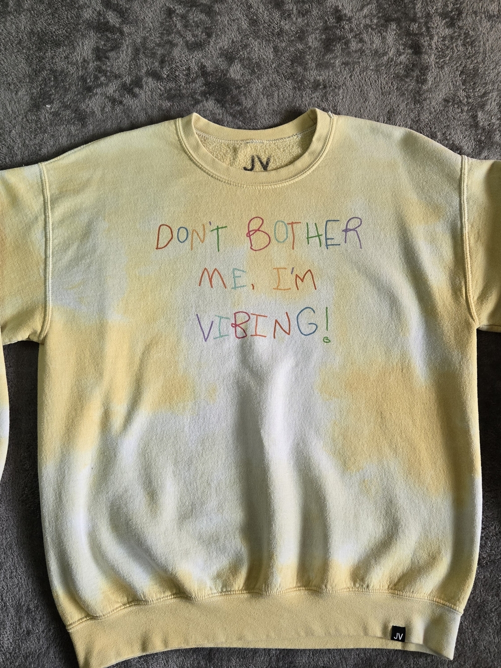 JV Boutique Yellow Tie-Dye Crewneck Sweatshirt with Multicolor Slogan